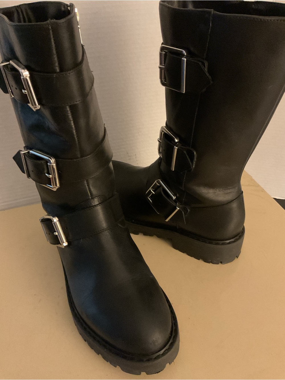 SCHUTZ women Black leather  Buckle biker Combat Georgina Boots US 9